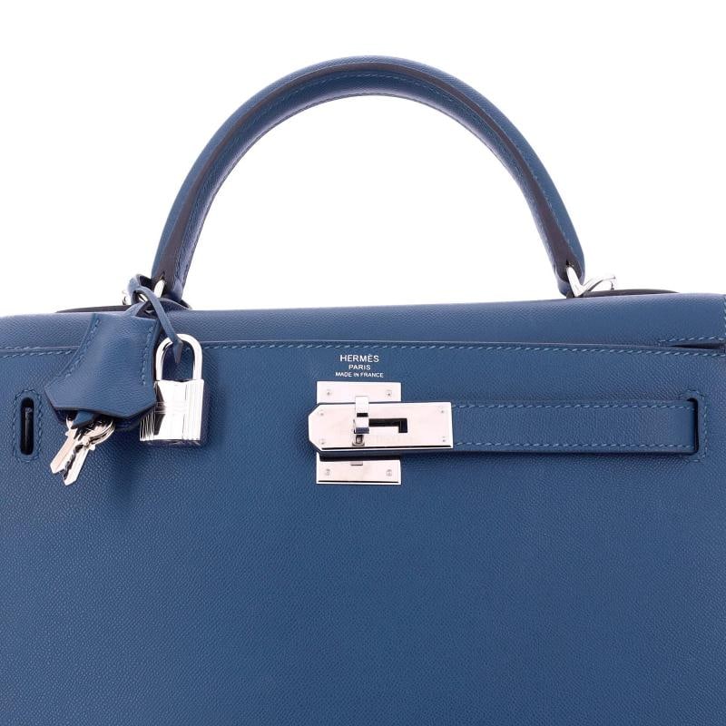Hermes Kelly Handbag Blue Madame with Palladium Hardware 28 - 7
