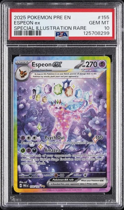 2025 POKEMON PRE EN-PRISMATIC EVOLUTIONS #155 ESPEON EX PSA 10: Condition: Graded - PSA 10: Professionally graded ,Graded: Yes,Set: 2025 POKEMON PRE EN-PRISMATIC EVOLUTIONS,Game: PokÃƒÂ©mon TCG,Character: ESPEON EX,Card Name: ESPEON EX,Grade: