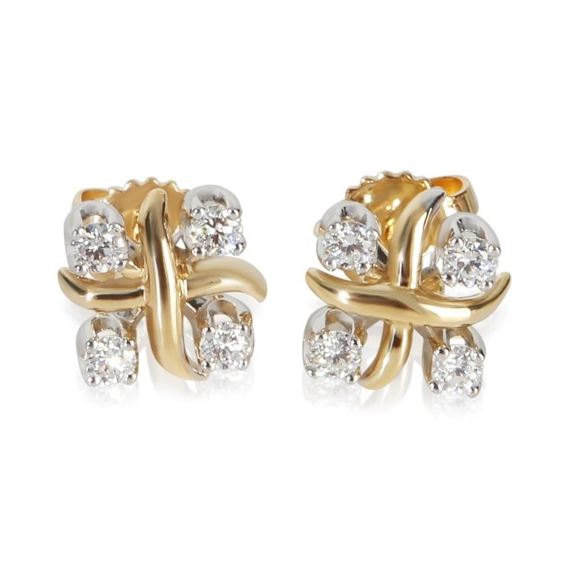 Tiffany & Co. Yellow Gold & Platinum Diamond Sixteen Stone Earrings: Condition: Pre-owned - Good,Shape: Round Brilliant,Item Length: 8 mm,Side Stone Type: Diamond,Side Stone Weight (cts): 0.28,Metal Purity: 18k,With Original Box/Packaging: No,With Papers: No,Gross