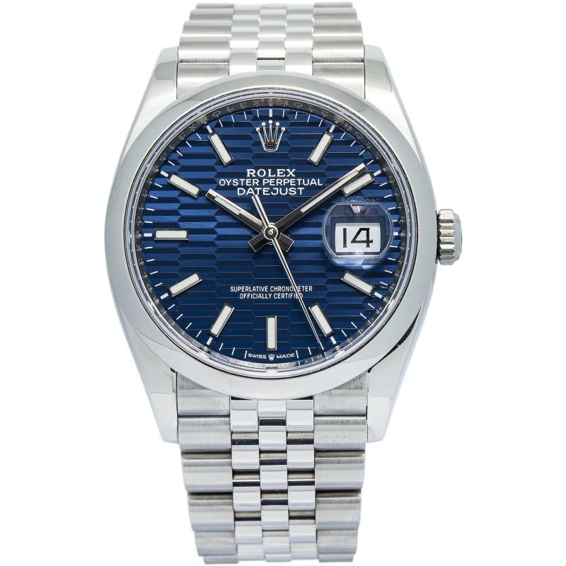 Rolex DateJust 126200 Jubilee Stainless Motif Blue Dial Auto Unisex Watch 36mm: Condition: Pre-owned - Good: This item has been gently used but is in good condition. It might have a few signs of wear, like light scratches or tarnishing. Brand: Rolex,Movement: Automatic,WARRANTY: