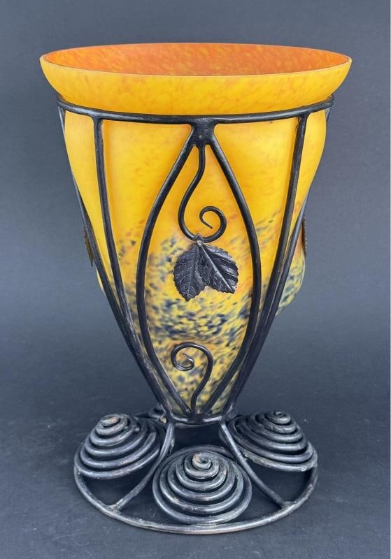 Orange Yellow Caged Glass Wrought Iron Art Deco Schneider/La Verre Style Vase: a lovely vintage art glass and wrought iron vase, in the style of French Art Deco pieces by La Verre Francais/Charles Schneider. This piece is unsigned, so we aren't certain whether it is of the same 