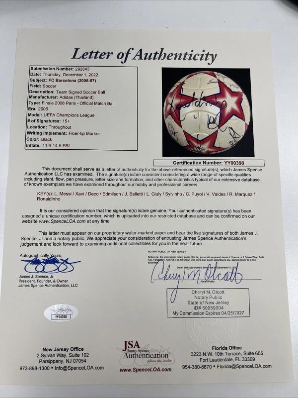 Lionel Messi 2006 FC Barcelona UEFA Champions Team Signed Soccer Ball JSA COA - 3