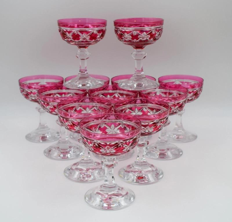 12 Val Saint Lambert Cranberry Cut to Clear Champagne Glasses/Coupes, Cathedral: Measures 5" high by 3 5/8" wide.