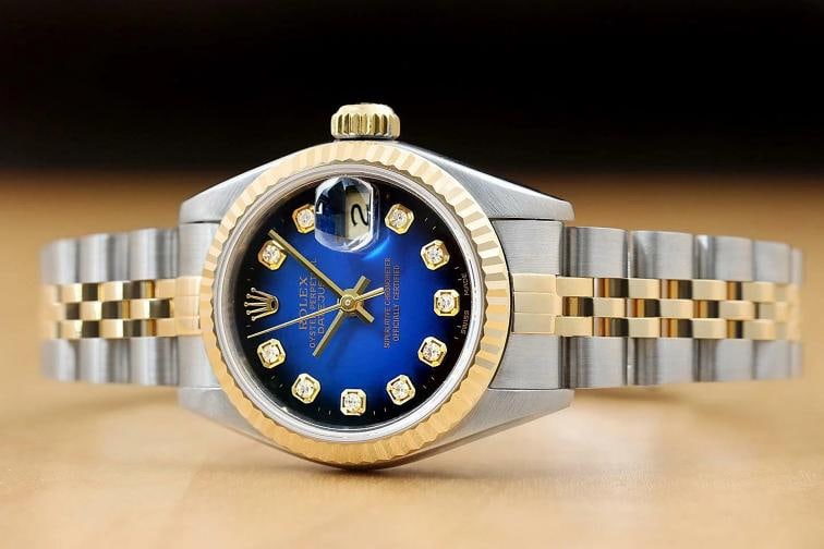 ROLEX LADIES DATEJUST BLUE VIGNETTE DIAMOND TWO TONE 18K YELLOW GOLD 69173 WATCH - 2