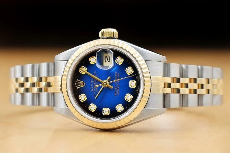ROLEX LADIES DATEJUST BLUE VIGNETTE DIAMOND TWO TONE 18K YELLOW GOLD 69173 WATCH - 3