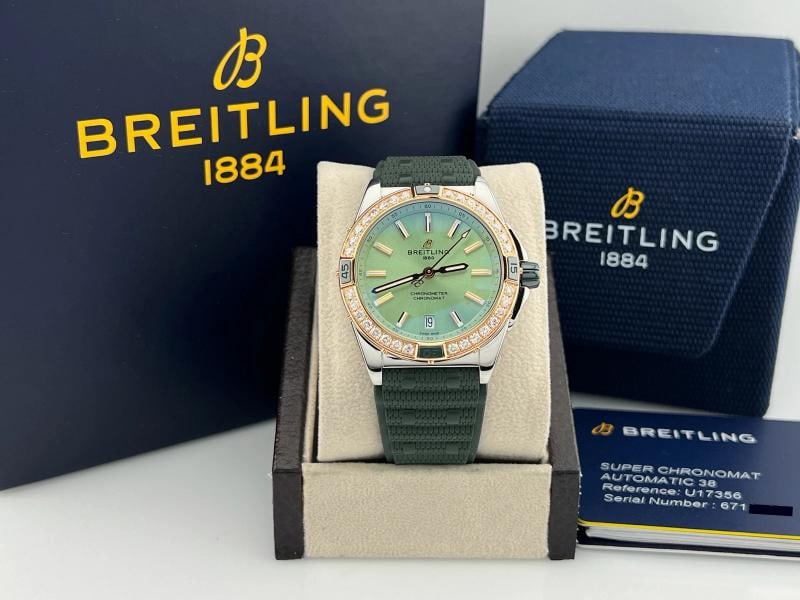 Breitling Super Chronomat U17356 38mm Mint Green Dial 18k Gold Steel Box Paper - 12
