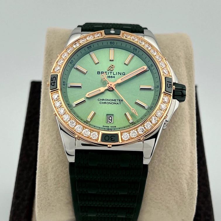 Breitling Super Chronomat U17356 38mm Mint Green Dial 18k Gold Steel Box Paper - 2