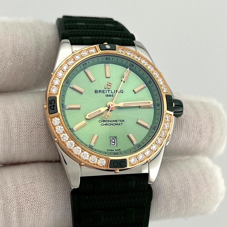 Breitling Super Chronomat U17356 38mm Mint Green Dial 18k Gold Steel Box Paper - 4