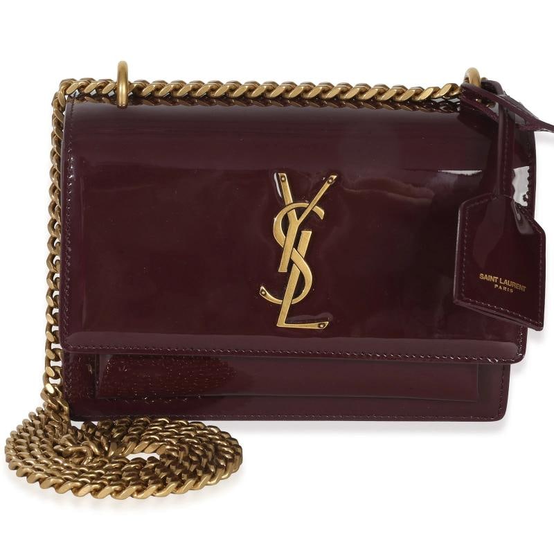 Saint Laurent Red Wine Patent Monogram Small Sunset Bag: Condition: Pre-owned - Good,Dimensions: 7 x 5 x 2,Handbag Accessories: Box;Clochette;Dustbag;Care Booklet,Bag Width: 7 in,Bag Depth: 2 in,Bag Height: 5 in,Department: Unisex,Style: Shoulder