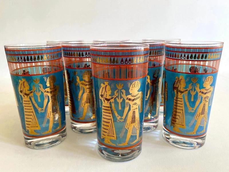 VTG MID CENTURY MODERN RARE EGYPTIAN REVIVAL GOLD LEAF HIGHBALL GLASSES SET OF 8 (1 of 12)