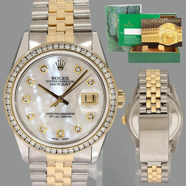 PEARL & DIAMOND BEZEL Rolex DateJust 16013 Two-Tone Yellow Gold Jubilee Watch: Case & Dial Case Material: Rolex Stainless Steel Case Size: 36mm Bezel: Custom Yellow Gold Diamond Crystal: Rolex Sapphire Dial: Custom Mother of Pearl Diamond Movement & Bracelet Movement: Rolex