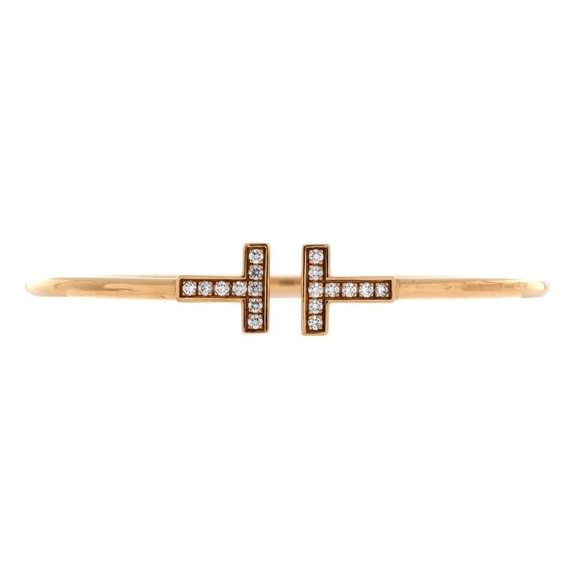 Tiffany & Co. T Wire Bracelet 18K Rose Gold with Diamonds: Measurements: Circumference: 6.40 ", Width: 2.45 mm . Condition: Pre-owned - Good,Brand: Tiffany & Co.,Main Stone: Diamond,Metal: 18K Rose Gold,Metal Purity: 18K,Style: Bracelet,Type: Bracelet,Color: