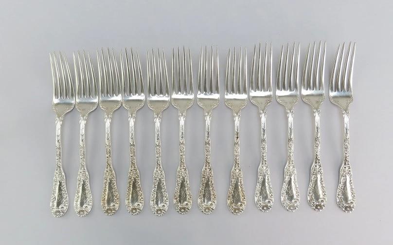 12 Fabulous Dominick Haff No10 pattern Sterling Silver Dinner Forks 7 3/4 Inches: Pattern: No. 10,Brand: Dominick & Haff,Type: Fork,Age: 1895-1930,Composition: Sterling Silver,Maker: Dominick & Haff,Country of Origin: United States Presented is a fabulous set of 12 sterling silver 