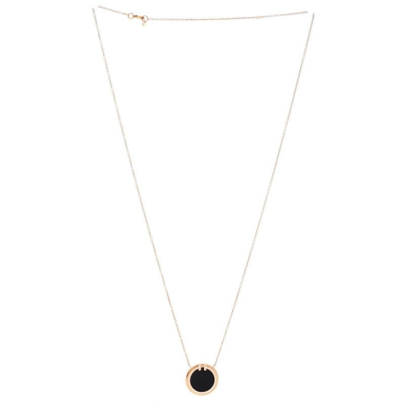 Tiffany & Co. T Circle Pendant Necklace 18K Rose Gold with Onyx and Diamonds - 2