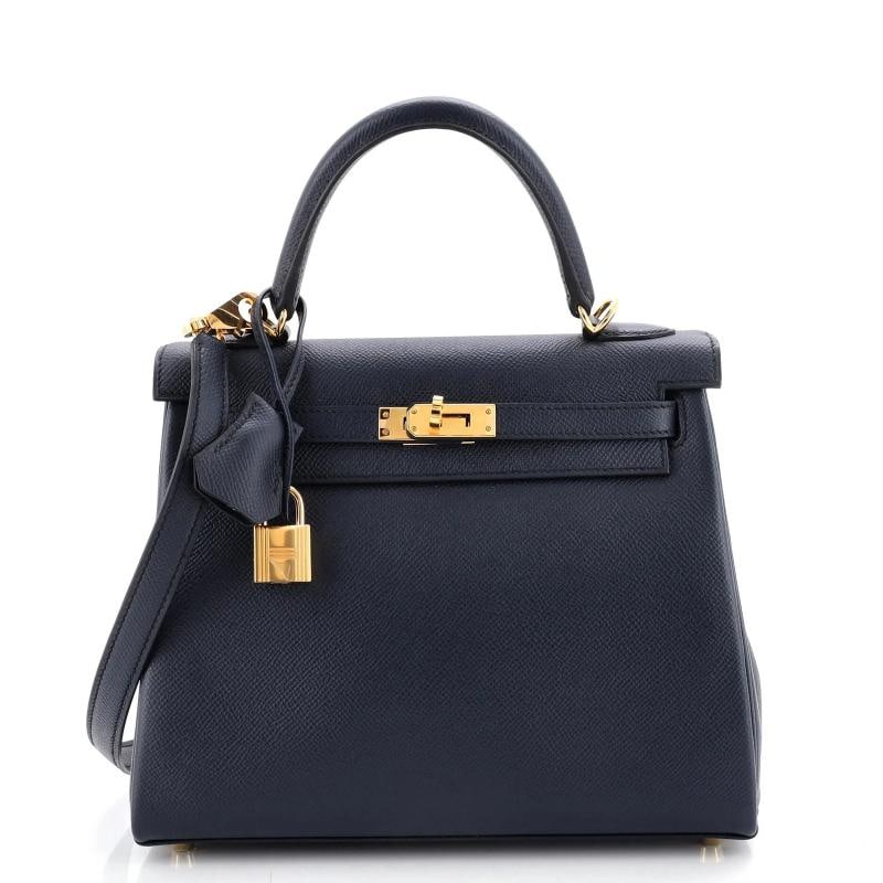 Hermes Kelly Handbag Blue Epsom with Gold Hardware 25: Condition: Pre-owned - Excellent,Brand: Hermes,Exterior Material: Leather,Style: Top Handle,Exterior Color: Blue,Department: Women,Size: 25,Accessories: Dust Bag, Lock, Clochette, Box, Keys, With Stra