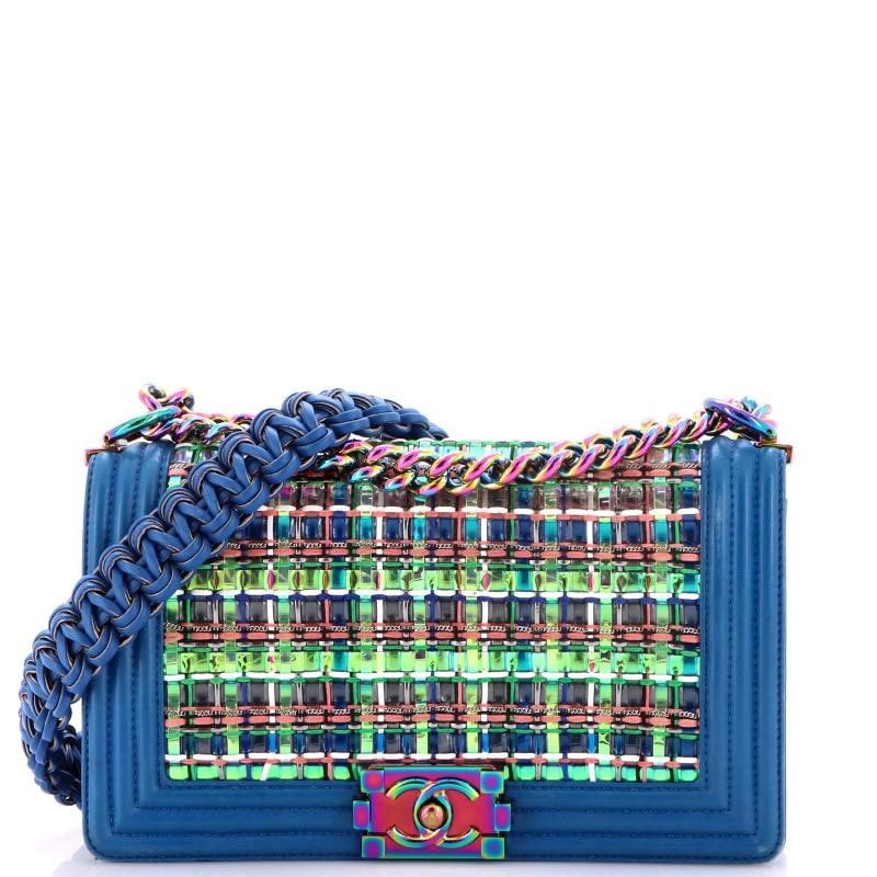 Chanel Boy Flap Bag Woven PVC with Lambskin Old Medium: Condition: Pre-owned - Good,Brand: Chanel,Exterior Material: Leather, Pvc,Style: Shoulder Bags,Exterior Color: Blue,Department: Women,Size: Old Medium,Accessories: Authenticity Card Estimated Retail
