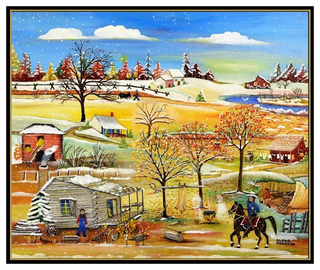 Alpha Andrews Original Oil Painting on Canvas Signed Rural Landscape Framed Art - 3