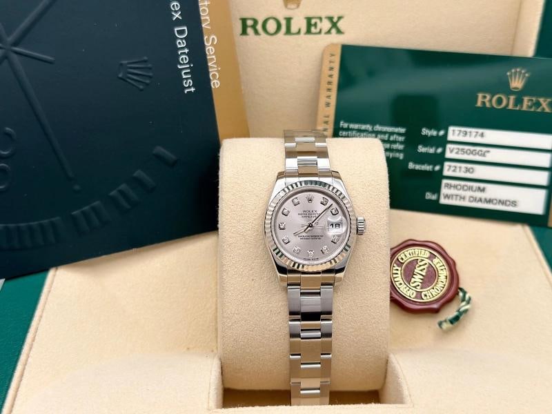 Rolex Ladies Datejust 179174 26mm Silver Diamond Dial 18k Gold Steel Box Paper: Condition: Pre-owned - Excellent,Bezel Color: Silver,Indices: Diamond Markers,Year Manufactured: 2000-2009,Band/Strap: Rolex Oyster,Case Color: Silver,Department: Women,Watch Shape: Round,Style: