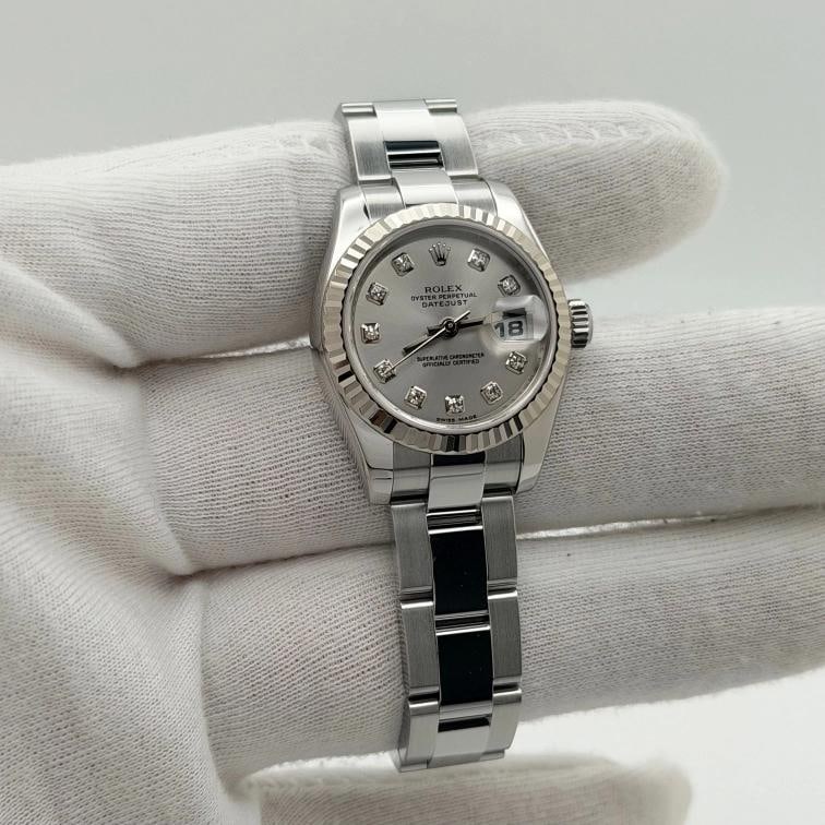 Rolex Ladies Datejust 179174 26mm Silver Diamond Dial 18k Gold Steel Box Paper - 3