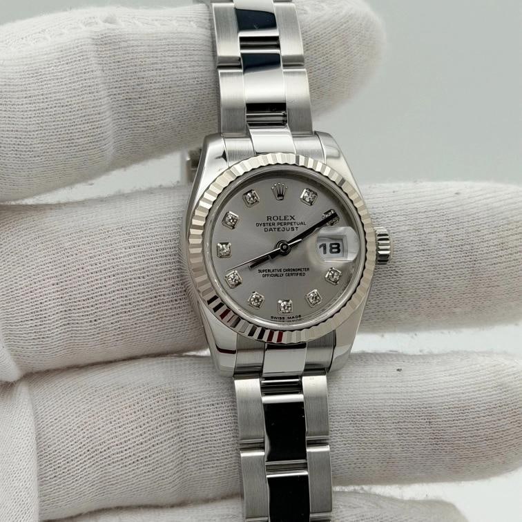 Rolex Ladies Datejust 179174 26mm Silver Diamond Dial 18k Gold Steel Box Paper - 4