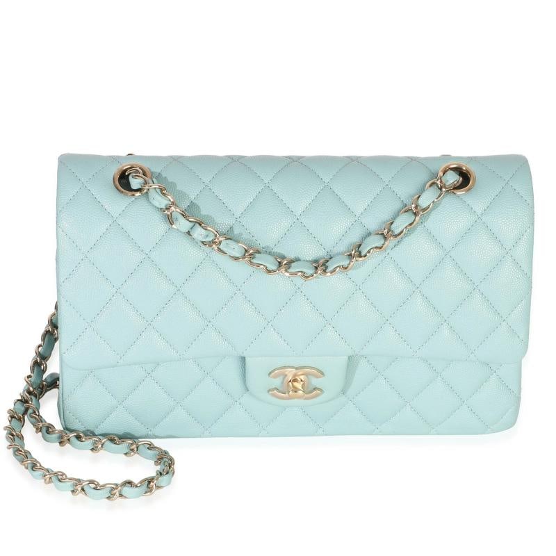 Chanel Mint Quilted Caviar Medium Classic Double Flap Handbag: Condition: Pre-owned - Good,Dimensions: 9.75 x 6 x 2.5,Handbag Accessories: None,Bag Width: 9.75 in,Bag Depth: 2.5 in,Bag Height: 6 in,Department: Unisex,Style: Shoulder Bag,Material: Leather,Color: G