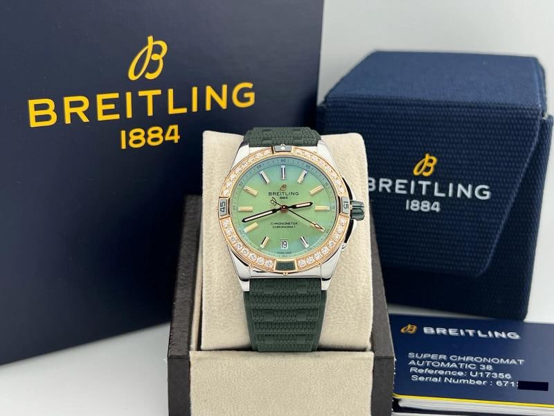 Breitling Super Chronomat U17356 38mm Mint Green Dial 18k Gold Steel Box Paper: Style Number: U17356 Serial: 671**** Year: 2023 Model: Breitling Super Chronomat Case Material: Stainless Steel Band: Green Rubber Bezel: 18k Rose Gold Diamond Bezel Dial: Mint Green Crystal:
