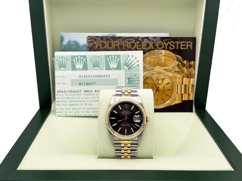 Rolex Datejust 16233 36mm Black Tapestry Dial 18k Yellow Gold Steel Box Paper - 2
