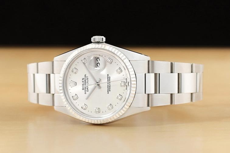 MENS ROLEX DATEJUST 16014 18K WHITE GOLD STAINLESS STEEL SILVER DIAMOND WATCH - 2