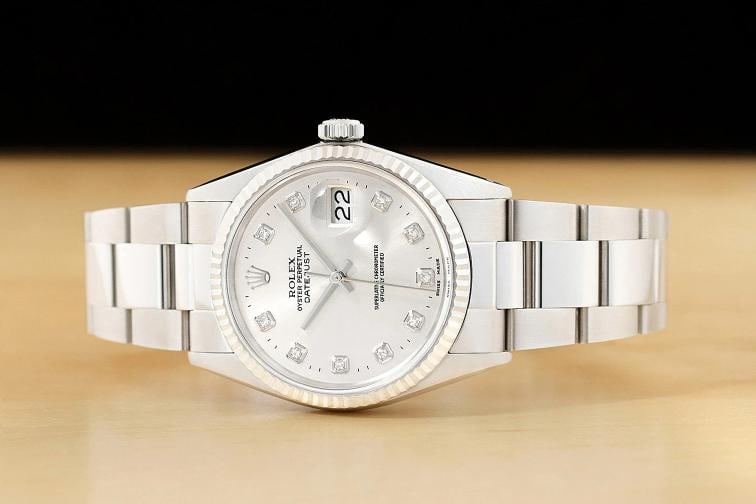 MENS ROLEX DATEJUST 16014 18K WHITE GOLD STAINLESS STEEL SILVER DIAMOND WATCH - 3