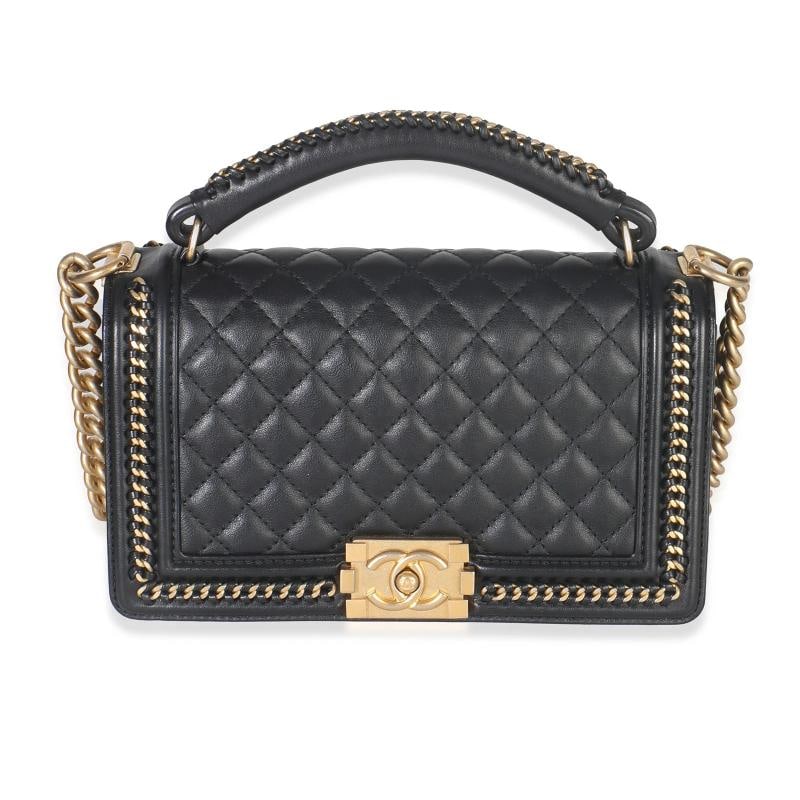 Chanel Black Quilted Calfskin Interwoven Chain Top Handle Boy Bag: Condition: Pre-owned - Good,Country of Origin: France,Dimensions: 9.75 x 5.5 x 3,Handbag Accessories: Box;Dustbag;Care Booklet;Authenticity Card;Felt Protector;Retail,Bag Width: 9.75 in,Bag Depth: 3