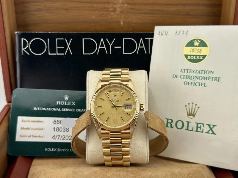 Rolex Day Date President 18038 36mm Champagne Dial 18K Yellow Gold Box Paper - 14