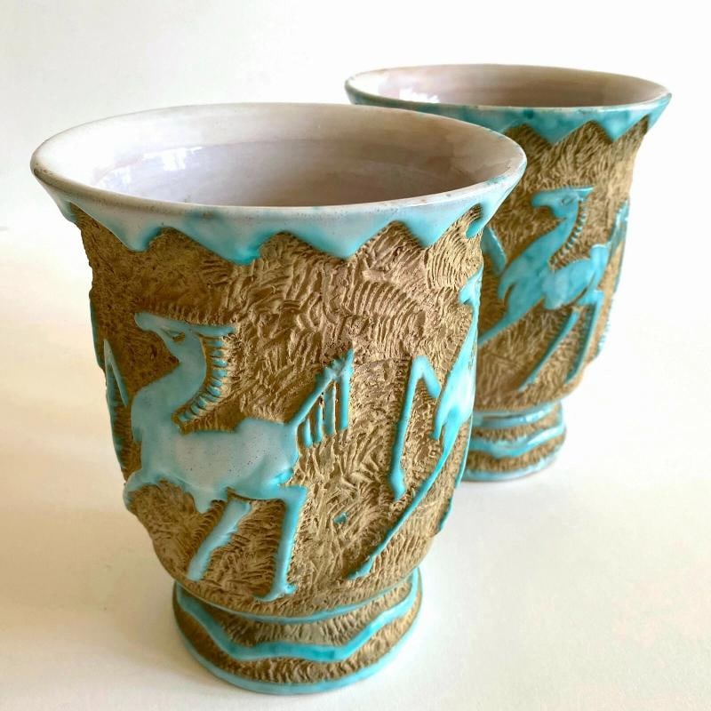 RARE 1950'S MODERNIST SACA ITALIAN ART POTTERY SGRAFFITO JARDINIERE VASES - PAIR - 10