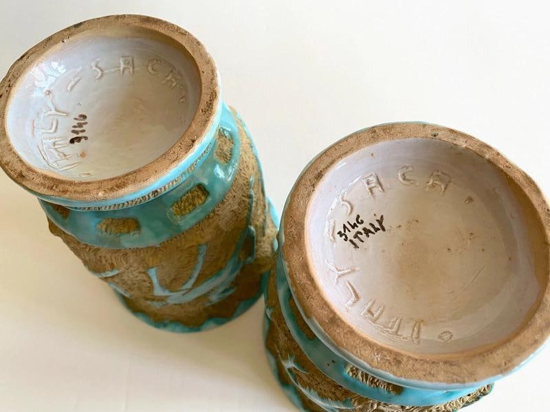 RARE 1950'S MODERNIST SACA ITALIAN ART POTTERY SGRAFFITO JARDINIERE VASES - PAIR - 12