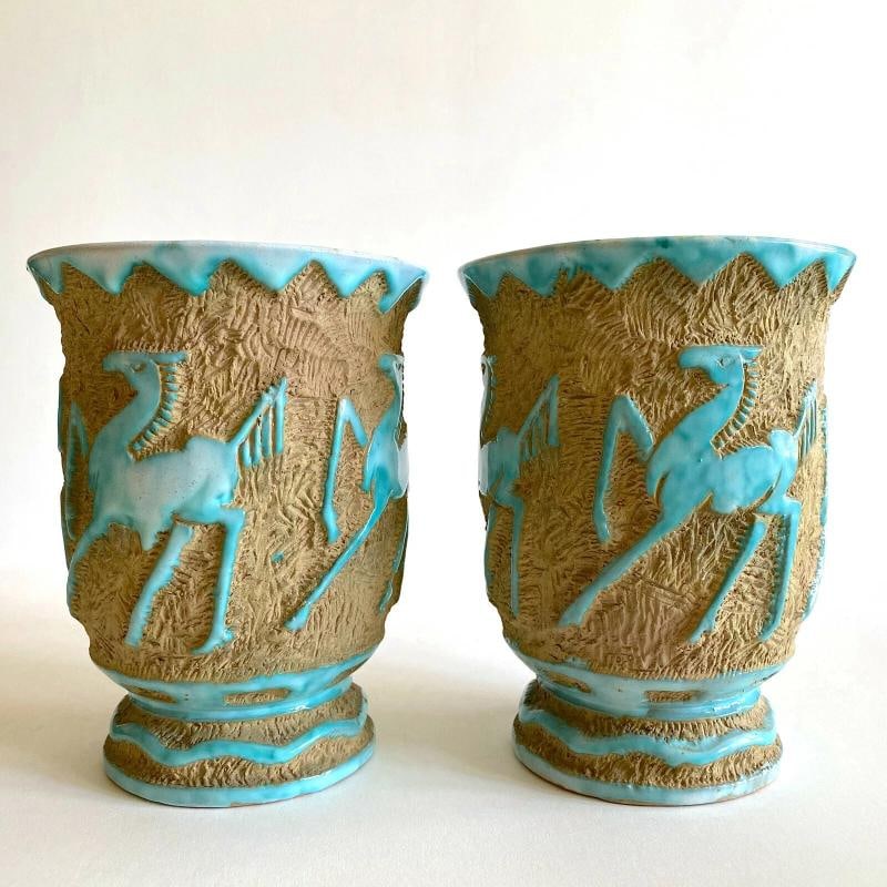 RARE 1950'S MODERNIST SACA ITALIAN ART POTTERY SGRAFFITO JARDINIERE VASES - PAIR: THIS PAIR OF TWO RARE VINTAGE 1950'S MID CENTURY MODERNIST SACA ITALIAN ART POTTERY SGRAFFITO JARDINIERE URN VASES IS AN INCREDIBLY SPECIAL AND UNQIUE PAIR TO ADD TO YOUR COLLECTION. THE ART DECO STYL