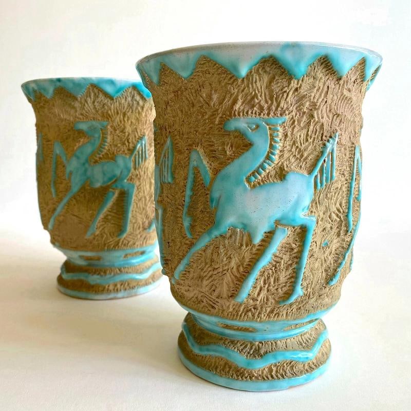 RARE 1950'S MODERNIST SACA ITALIAN ART POTTERY SGRAFFITO JARDINIERE VASES - PAIR - 2