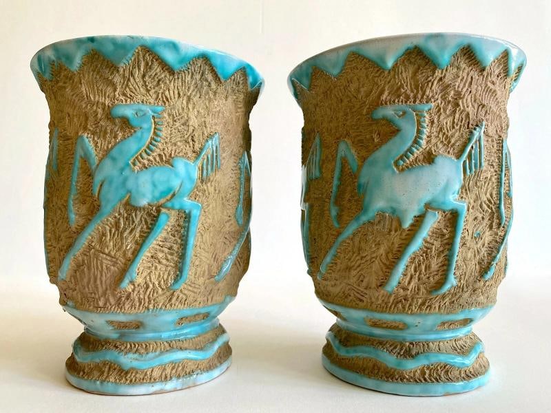 RARE 1950'S MODERNIST SACA ITALIAN ART POTTERY SGRAFFITO JARDINIERE VASES - PAIR - 3