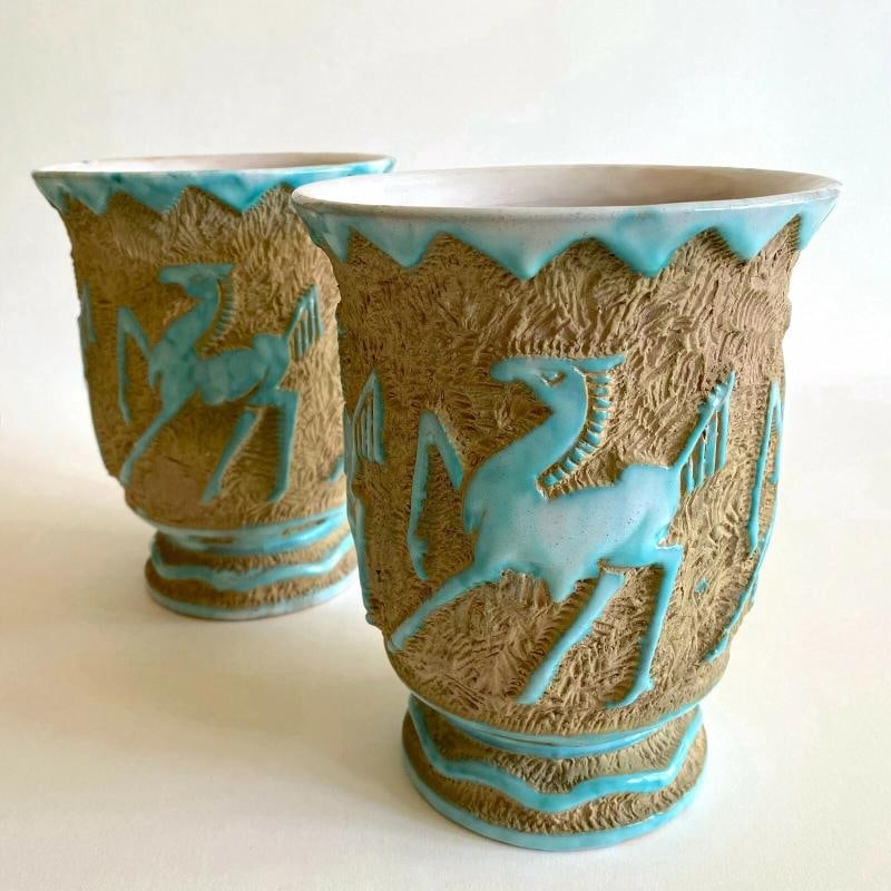 RARE 1950'S MODERNIST SACA ITALIAN ART POTTERY SGRAFFITO JARDINIERE VASES - PAIR - 4