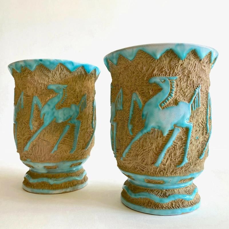 RARE 1950'S MODERNIST SACA ITALIAN ART POTTERY SGRAFFITO JARDINIERE VASES - PAIR - 5