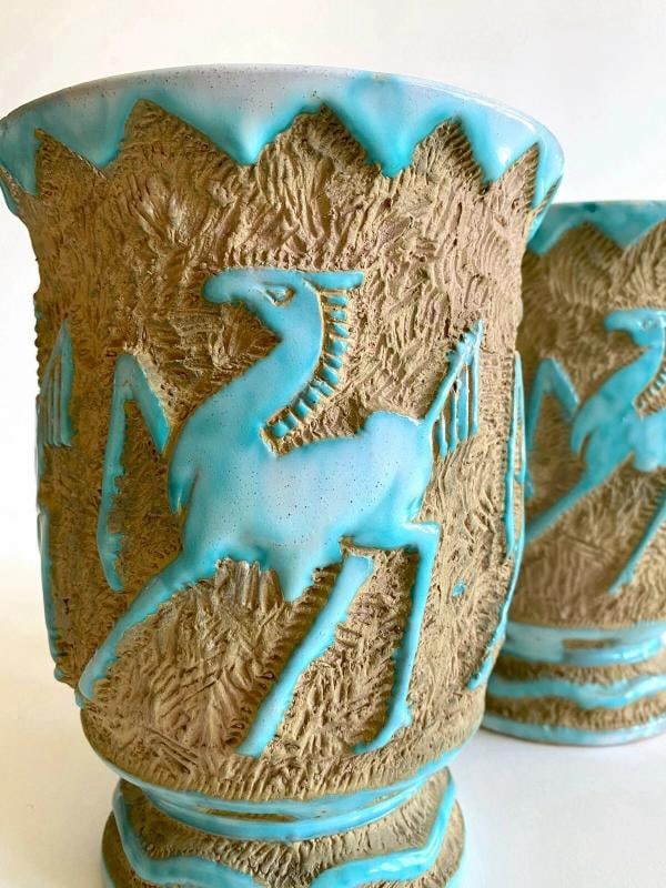 RARE 1950'S MODERNIST SACA ITALIAN ART POTTERY SGRAFFITO JARDINIERE VASES - PAIR - 6