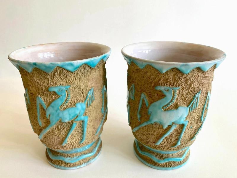 RARE 1950'S MODERNIST SACA ITALIAN ART POTTERY SGRAFFITO JARDINIERE VASES - PAIR - 7