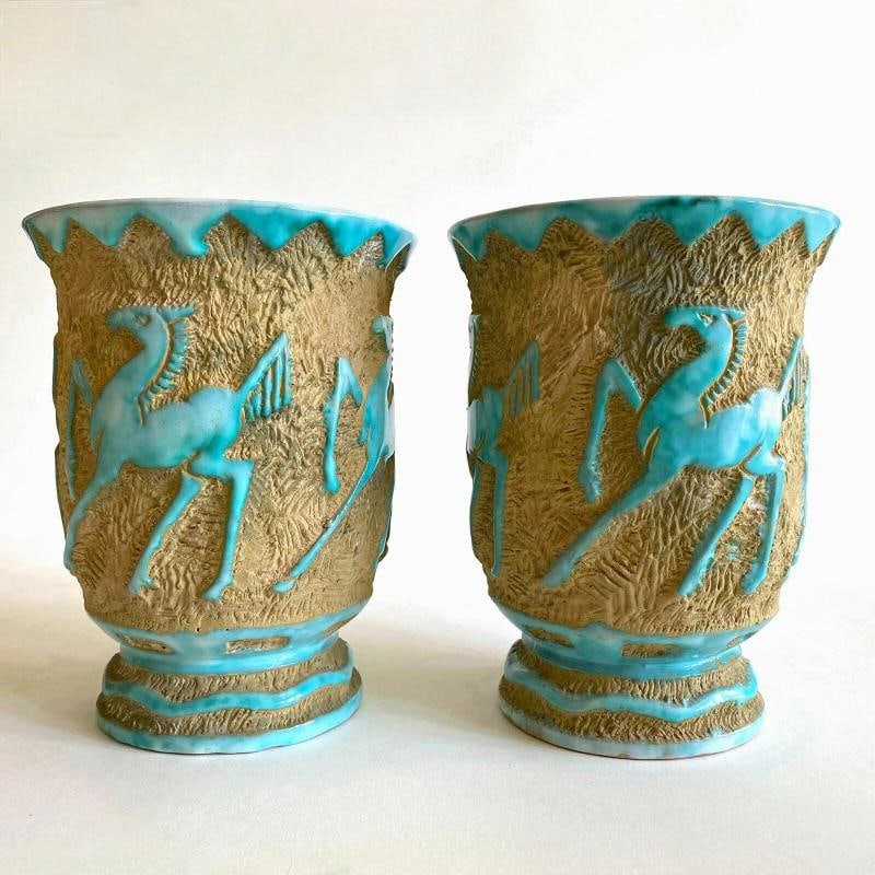 RARE 1950'S MODERNIST SACA ITALIAN ART POTTERY SGRAFFITO JARDINIERE VASES - PAIR - 9