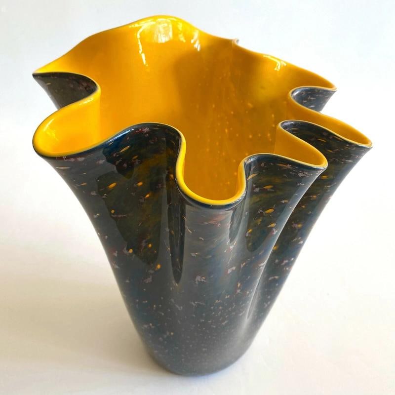VTG MODERNIST BIANCONI VENINI MURANO ART GLASS AVENTURINE LARGE FAZZOLETTO VASE - 10