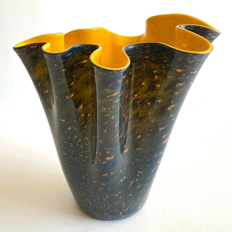 VTG MODERNIST BIANCONI VENINI MURANO ART GLASS AVENTURINE LARGE FAZZOLETTO VASE - 11