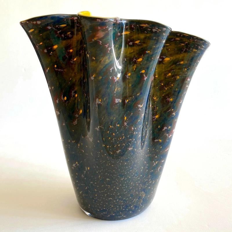 VTG MODERNIST BIANCONI VENINI MURANO ART GLASS AVENTURINE LARGE FAZZOLETTO VASE - 8