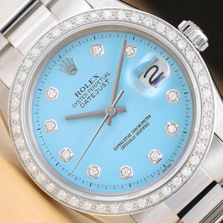ROLEX MENS DATEJUST AQUA BLUE DIAL 18K GOLD STEEL DIAMOND WATCH w/ OYSTER BAND (1 of 9)