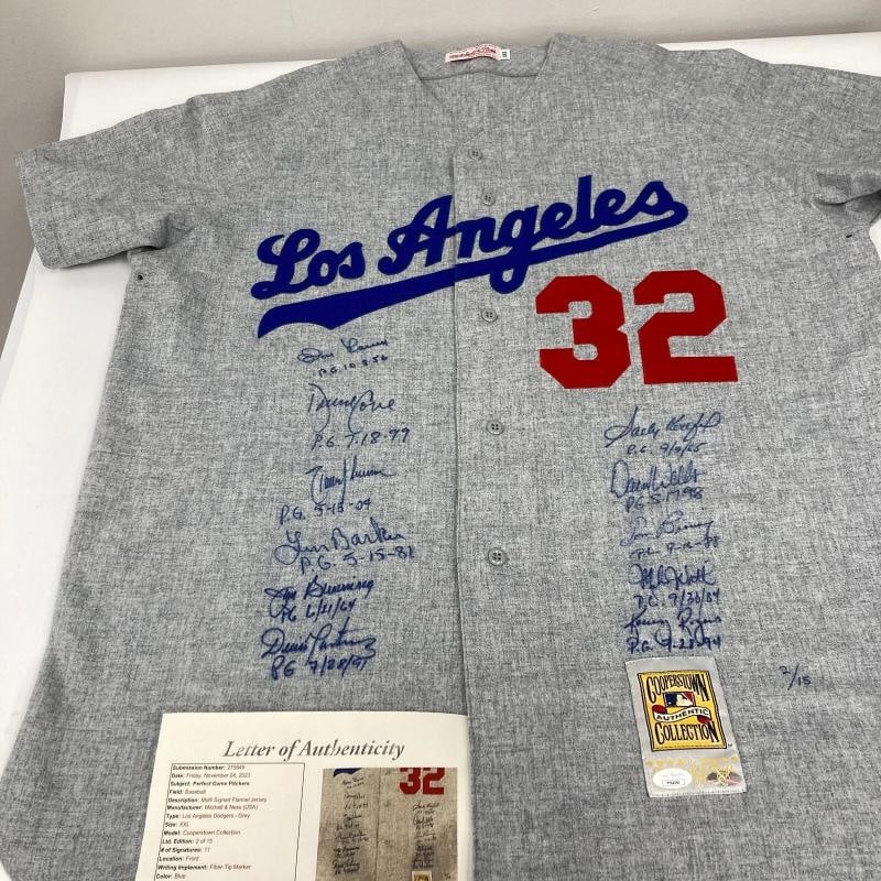Rare Perfect Game Pitchers Signed Jersey 11 Sigs With Sandy Koufax JSA COA: Player: Sandy Koufax,Sport: Baseball,Signed: Yes,Original/Reprint: Original,Autograph Authentication: James Spence Authentication (JSA),Product: Jersey,Team: Los Angeles Dodgers,Country of Origin: