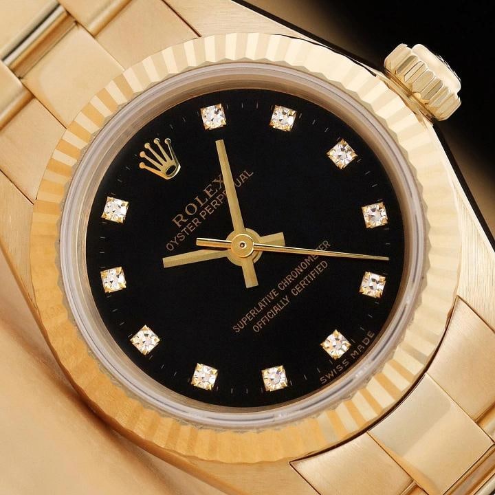 2001 ROLEX OYSTER PERPETUAL 76198 BLACK FACTORY DIAMOND DIAL 18K GOLD WATCH: Condition: Pre-owned - Excellent,Department: Ladies,Brand: Rolex,Style: Dress/Formal, Luxury, Luxury: Dress Styles,Features: 12-Hour Dial, Chronometer, Sapphire Crystal, Screwdown Crown, Self-Winding,