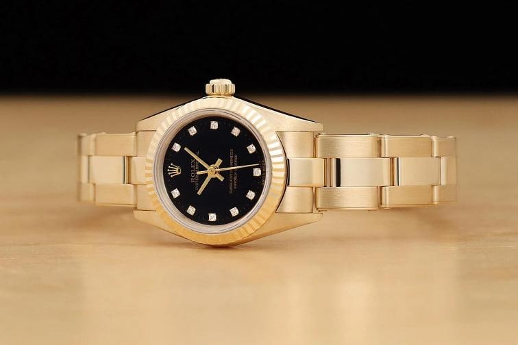 2001 ROLEX OYSTER PERPETUAL 76198 BLACK FACTORY DIAMOND DIAL 18K GOLD WATCH - 2
