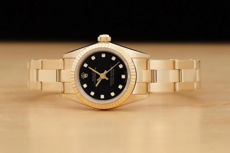 2001 ROLEX OYSTER PERPETUAL 76198 BLACK FACTORY DIAMOND DIAL 18K GOLD WATCH - 3