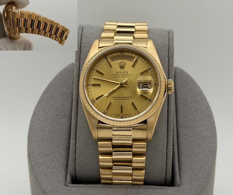 Rolex Day Date President 18038 36mm Champagne Dial 18K Yellow Gold: Condition: Pre-owned - Good,Bezel Color: Gold, Yellow,Movement: Mechanical (Automatic),Seller Warranty: Yes,Indices: Stick Indexes,Year Manufactured: 1980-1989,Reference Number: 18038,Brand: